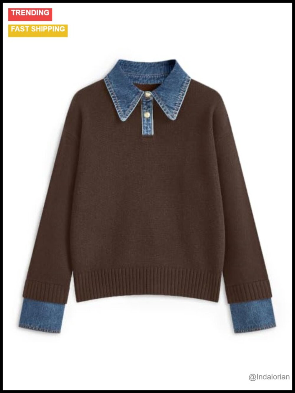 Oversized Knit Polo Sweater With Denim Collar and Denim Cuffs